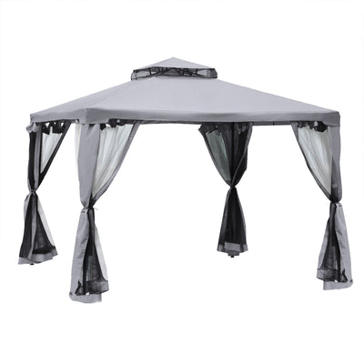 10' x 10' Patio Gazebo Outdoor Canopy Shelter with 2-Tier Roof and Netting, Steel Frame for Garden, Lawn, Backyard and Deck, Grey