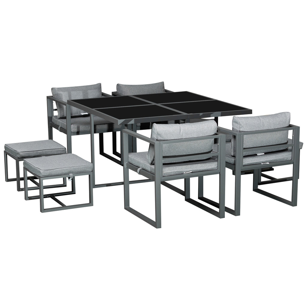 9 Pieces Patio Dining Sets with 4 Chairs, 4 Ottoman and Glass Table, Cushioned Seating and Back, Aluminum Frame, Space Saving for Lawn