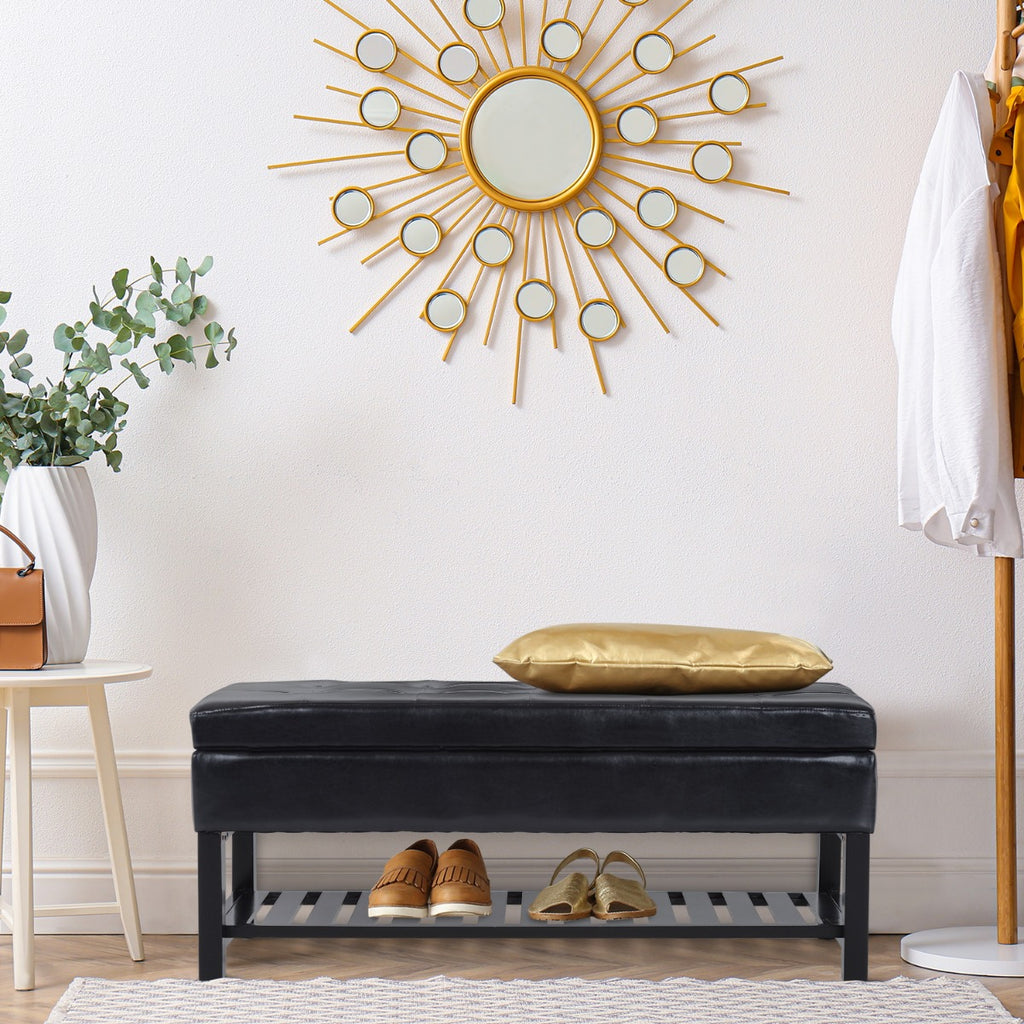 44" Tufted Faux Leather Ottoman Storage Bench with Shoe Rack - Black | Aosom