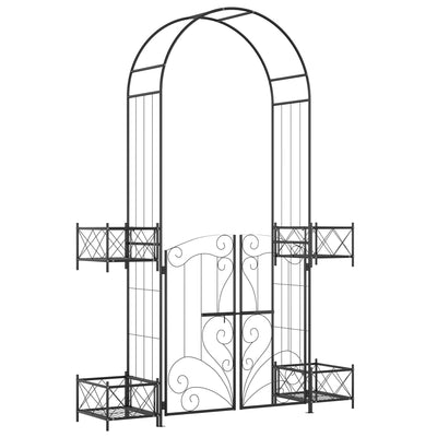 7' Metal Garden Arbor, Garden Arch with Gate, Scrollwork Hearts, Latching Doors, Planter Boxes for Climbing Vines, Ceremony, Weddings, Party, Garden, Backyard, Lawn, Black