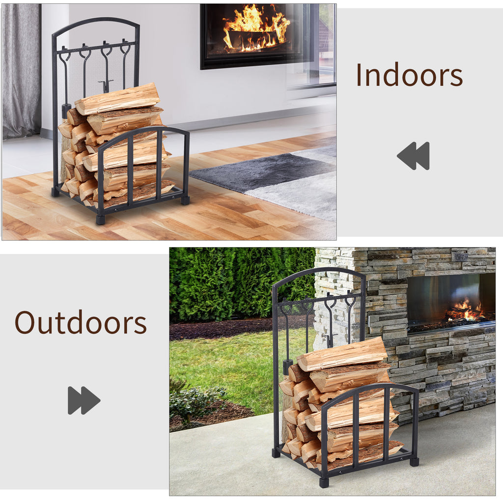 Firewood Log Rack Storage Holder Stand with Tool Kit Metal Indoor Outdoor - Black