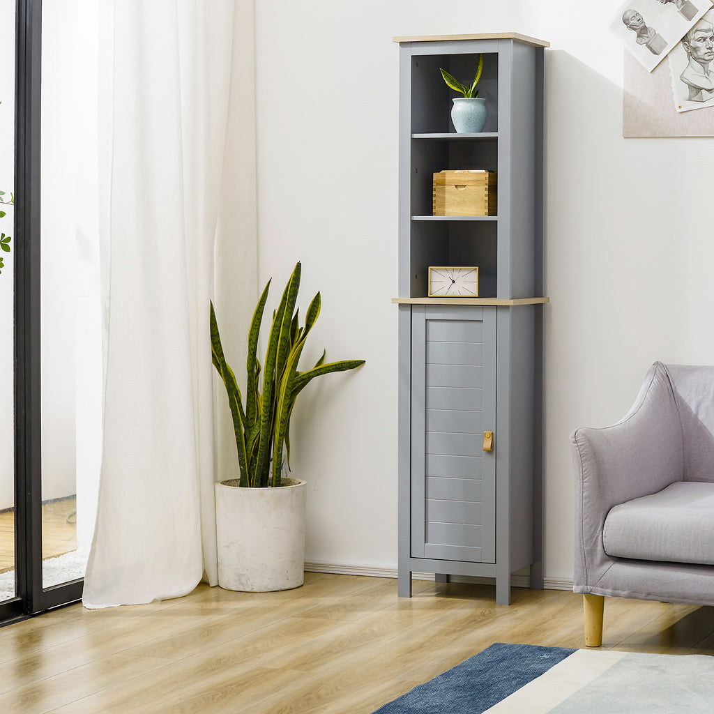 Tall Bathroom Storage Cabinet with 3 Tier Shelf, Cupboard, Door, Free Standing Linen Tower, Slim Side Organizer, Grey