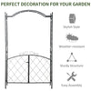 85'' Metal Garden Arbor with Gate, Outdoor Steel Arch with Scrollwork for Climbing Vines, Ground Mountable Columns