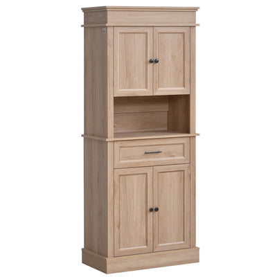 Traditional Buffet with Hutch, Freestanding Kitchen Pantry Storage Cabinet with Doors and Drawer, Adjustable Shelving, Oak