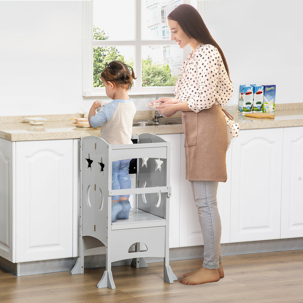 Kids Kitchen Step Stool Foldable Child Standing Tower with Chalkboard. Lockable Handrail for Children 3-6 Years Old, Grey