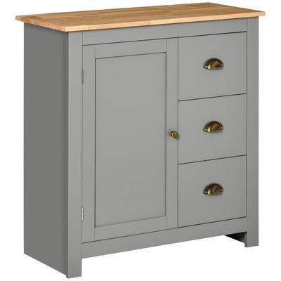 Modern Floor Cabinet, Storage Sideboard, Kitchen Buffet Table with Rubberwood Top, 3 Drawers and Cabinet with Adjustable Shelf, Grey