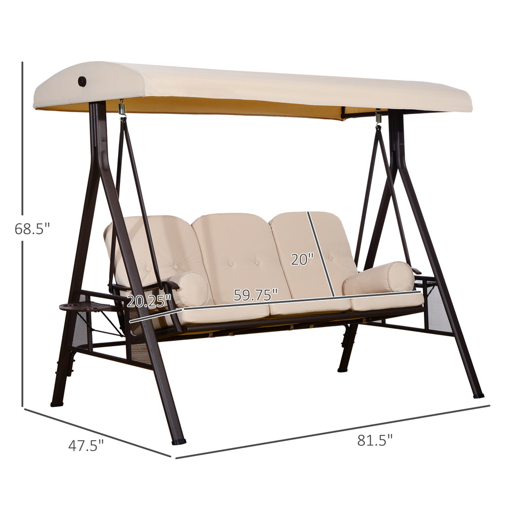 Outdoor Patio 3-Person Steel Canopy Cushioned Seat Bench Swing with Included Side Trays & Padded Comfort, Beige