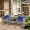 3 Pcs Rattan Wicker Bistro Set with Soft Cushions, Outdoor Coffee Sets with Glass Table and Storage Shelf for Patio, Blue