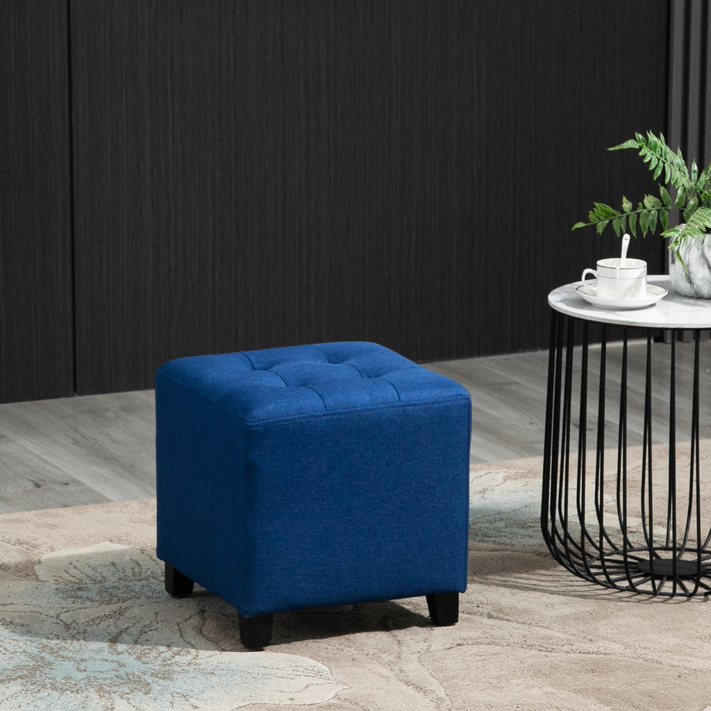 Tufted Ottoman Linen-Touch Fabric Upholstered Footrest Stool with Anti-Slip Pads, Blue