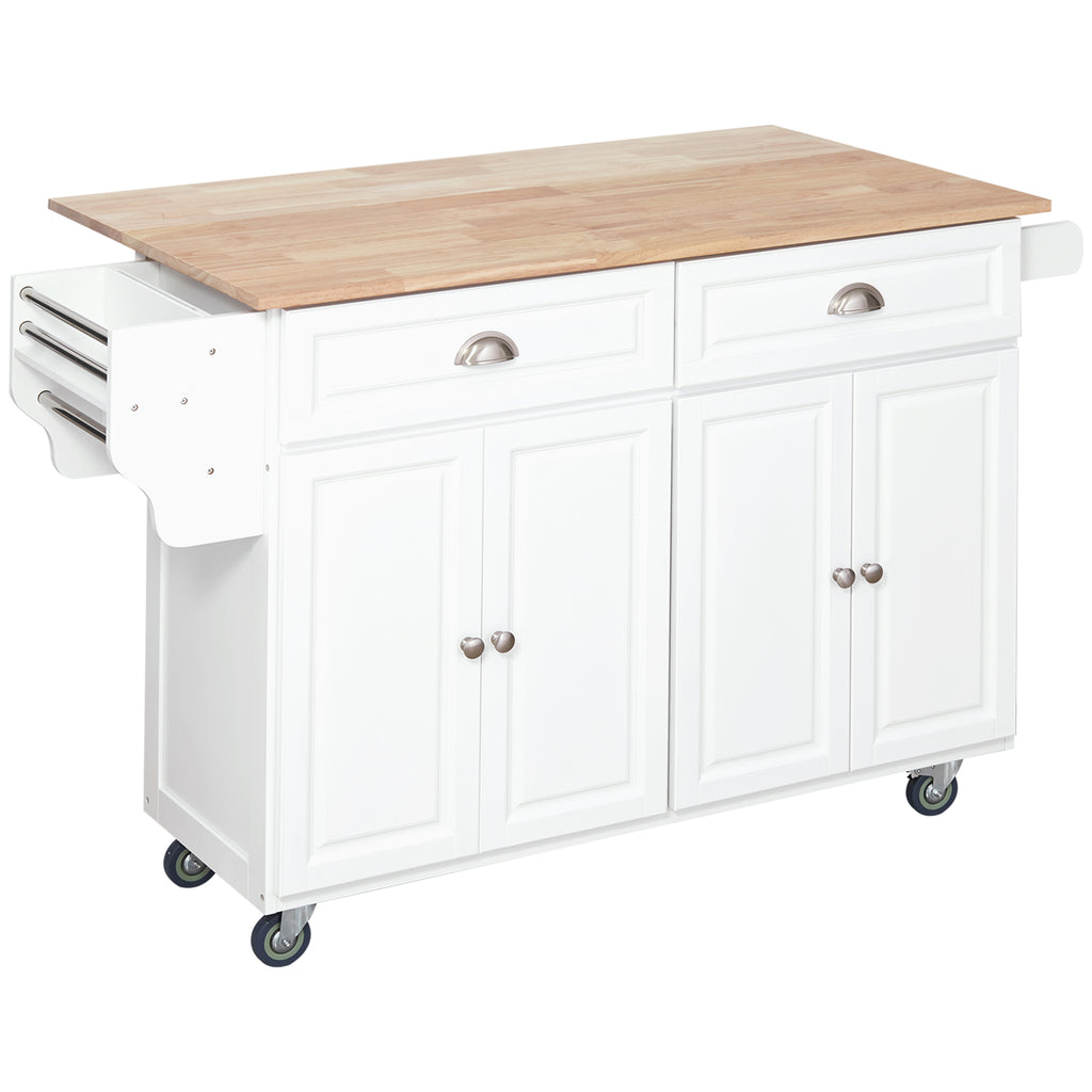 Rolling Kitchen Island on Wheels Utility Cart with Drop-Leaf and Rubber Wood Countertop, Storage Drawers, Door Cabinets, White