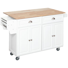 Rolling Kitchen Island on Wheels Utility Cart with Drop-Leaf and Rubber Wood Countertop, Storage Drawers, Door Cabinets, White