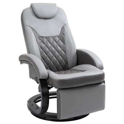 PU Recliner Reading Armchair with Footrest, Headrest, Round Wood Base for Living Room, Bedroom, Office - Grey