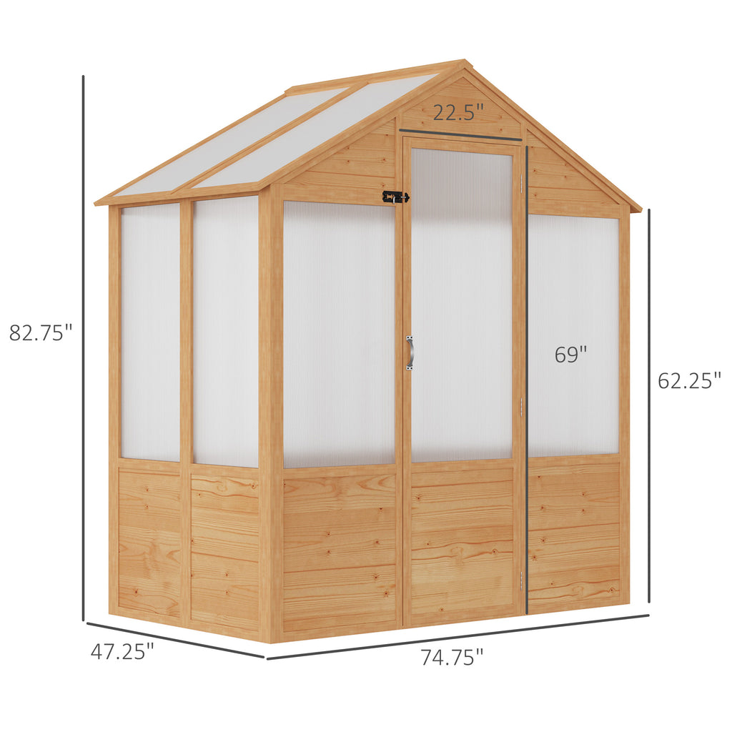 6' x 4' x 7' Wooden Greenhouse, Walk-in Green House, Outdoor Polycarbonate Greenhouse with Door, Natural