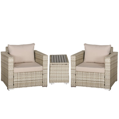 Oustunny 3-Piece PE Rattan Wicker Sofa Sets Outdoor Armchair Sofa Furniture Set w/ Plastic Wood Grain Side Table and Washable Cushions, Grey