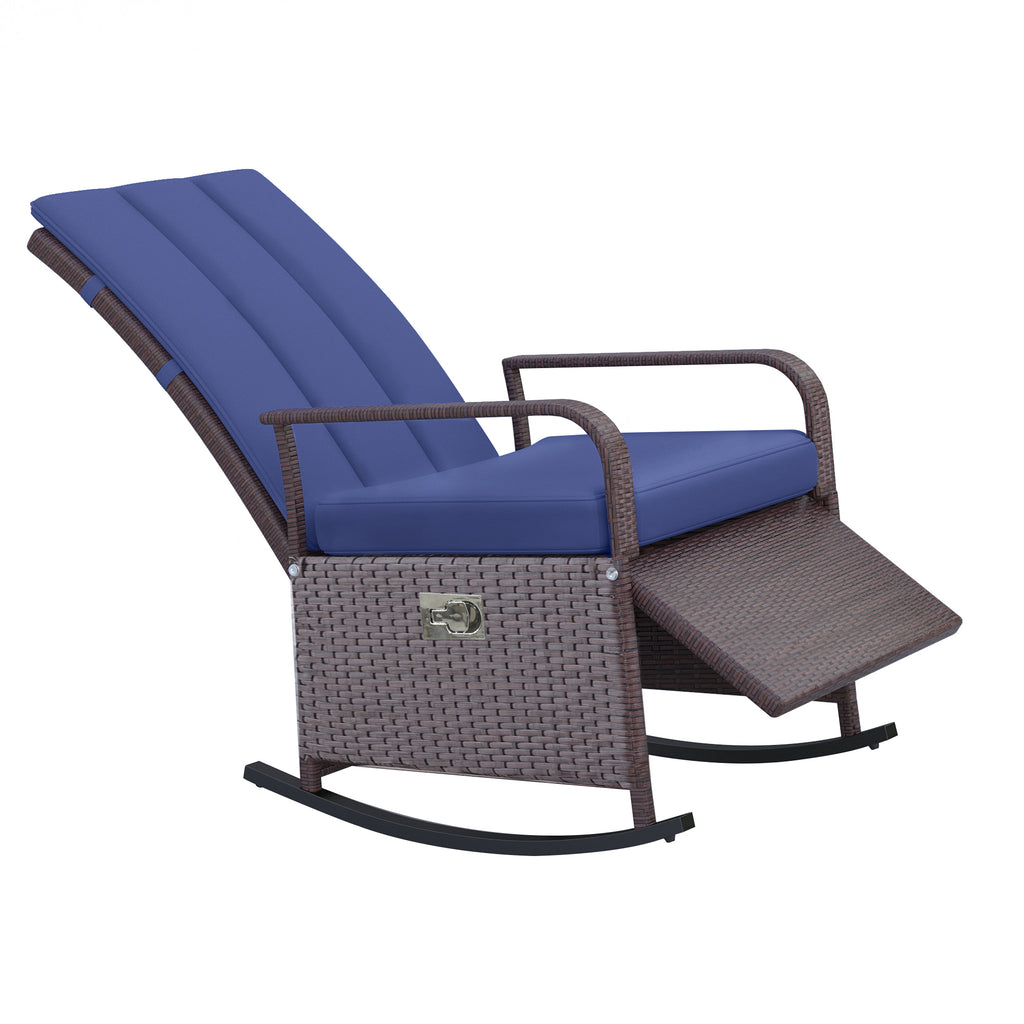 Outdoor Rattan Wicker Rocking Chair Patio Recliner with Soft Cushion, Adjustable Footrest, Max. 135 Degree Backrest, Blue