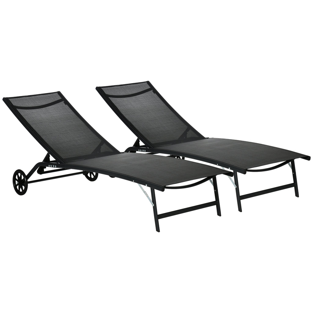 Patio Chaise Lounge Chair Set of 2, 2 Piece Outdoor Recliner with Wheels, 5 Level Adjustable Backrest for Garden, Deck & Poolside, Black