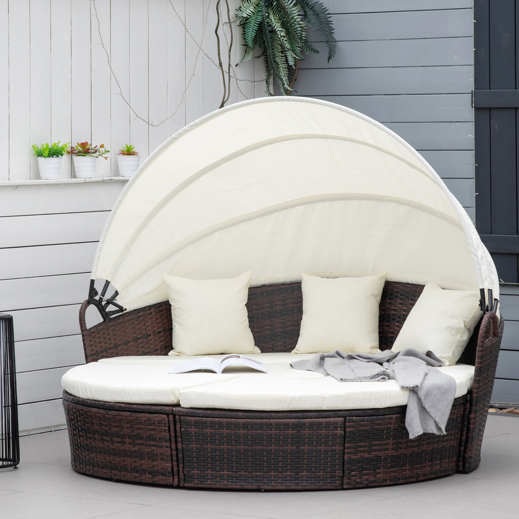 4-Piece Rattan Patio Furniture Set, Round Convertible Daybed or Sunbed with Adjustable Sun Canopy, Sectional Sofa, 2 Chairs, Table, 3 Pillows, Cream White