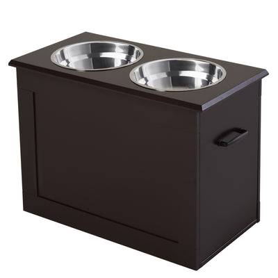 Raised Pet Feeding Storage Station with 2 Stainless Steel Bowls Base for Large Dogs and Other Large Pets, Dark Brown