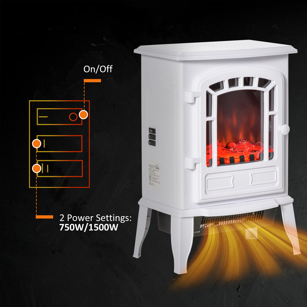Free standing Electric Fireplace Stove, Fireplace Heater with Realistic Flame Effect, Overheat Safety Protection, 750W / 1500W, White
