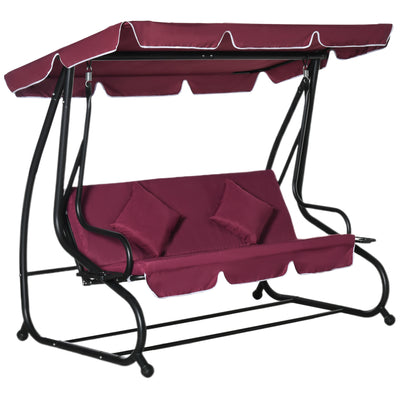 3 Seat Outdoor Free Standing Swing Bench Porch Swing with Stand, Comfortable Cushioned Fabric & Included Canopy, Red