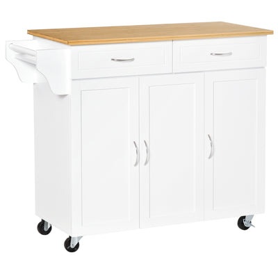 Rolling Kitchen Island Cart on Wheels with Large Bamboo Countertop, 2 Cabinets with Drawers, Adjustable Shelves, White