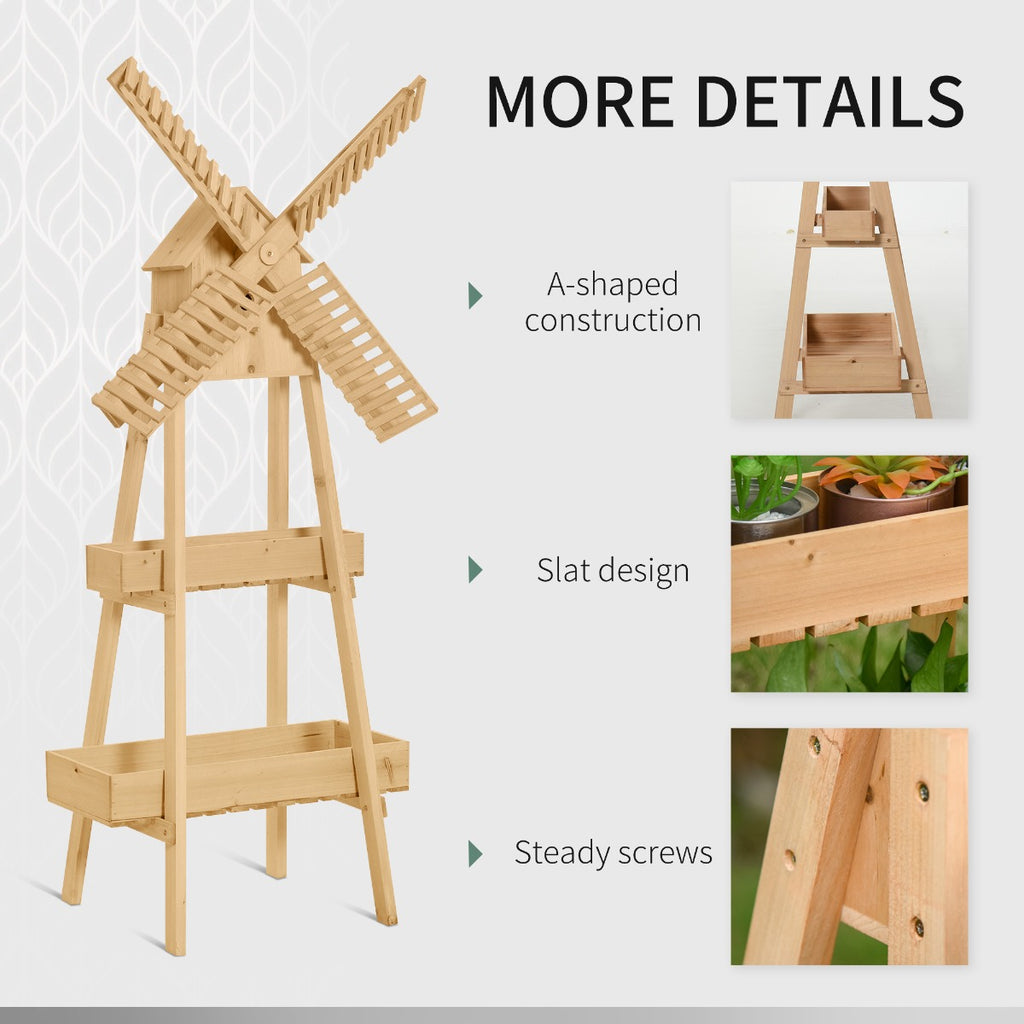 Plant Shelf 2 Tier Wooden with Windmill & Bird House Plant Pots Holder Stand Indoor/Outdoor 32'' x 17'' x 61''