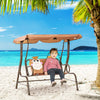 Kids Patio Swing Chair, Children Outdoor 2-Seat Porch Bench Toddler Glider with Canopy, Seat Belt, Monkey Pattern for 3-6 Years Old, Coffee