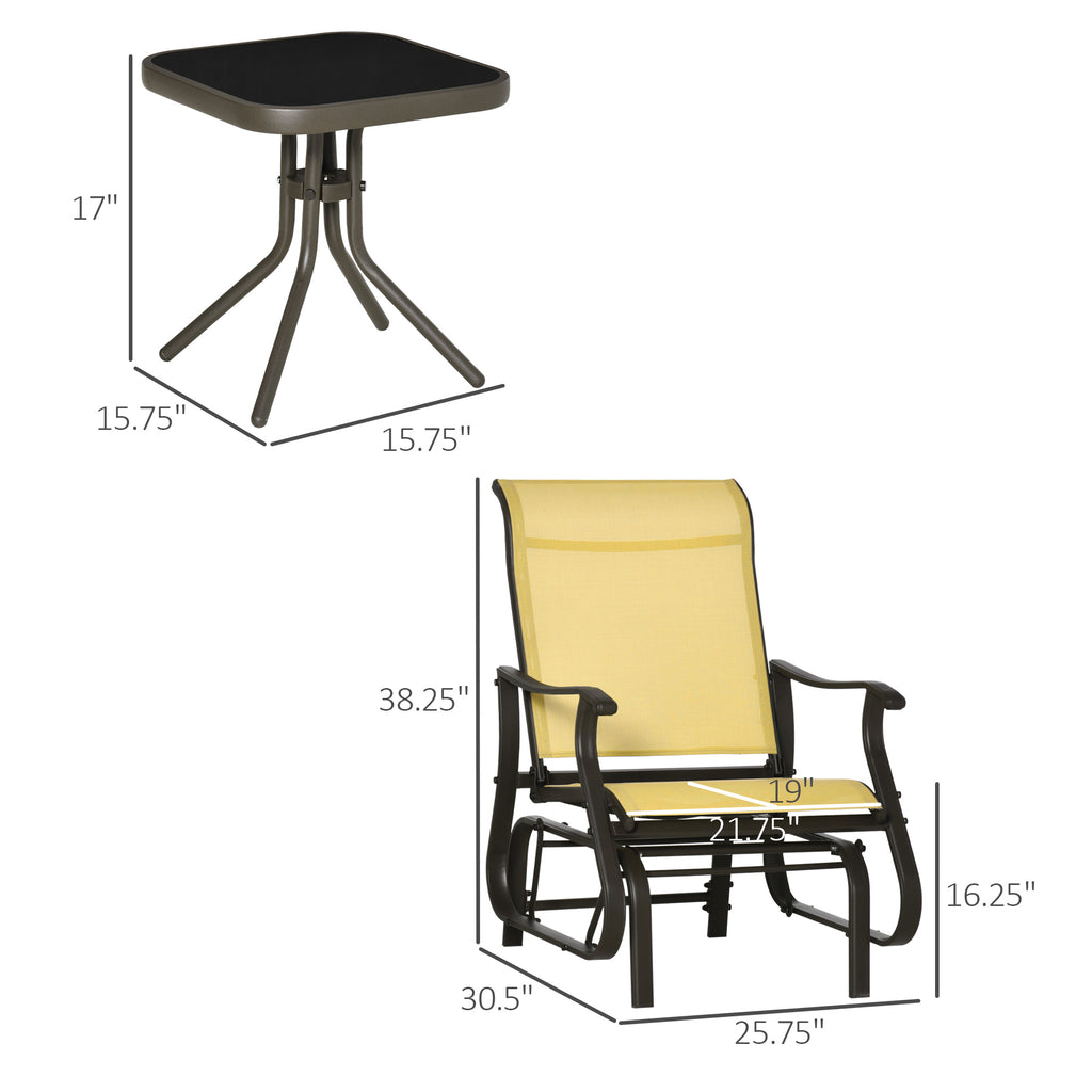 3-Piece Gliding Chair & Tea Table Set, Outdoor 2 Rocker Seats with Steel Frame, Tempered Glass Tabletop, Garden Patio Furniture, Beige
