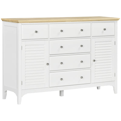 Modern Sideboard with Drawers, Buffet Cabinet with Storage Cabinets, Rubberwood Top and Adjustable Shelves for Living Room, Kitchen, White