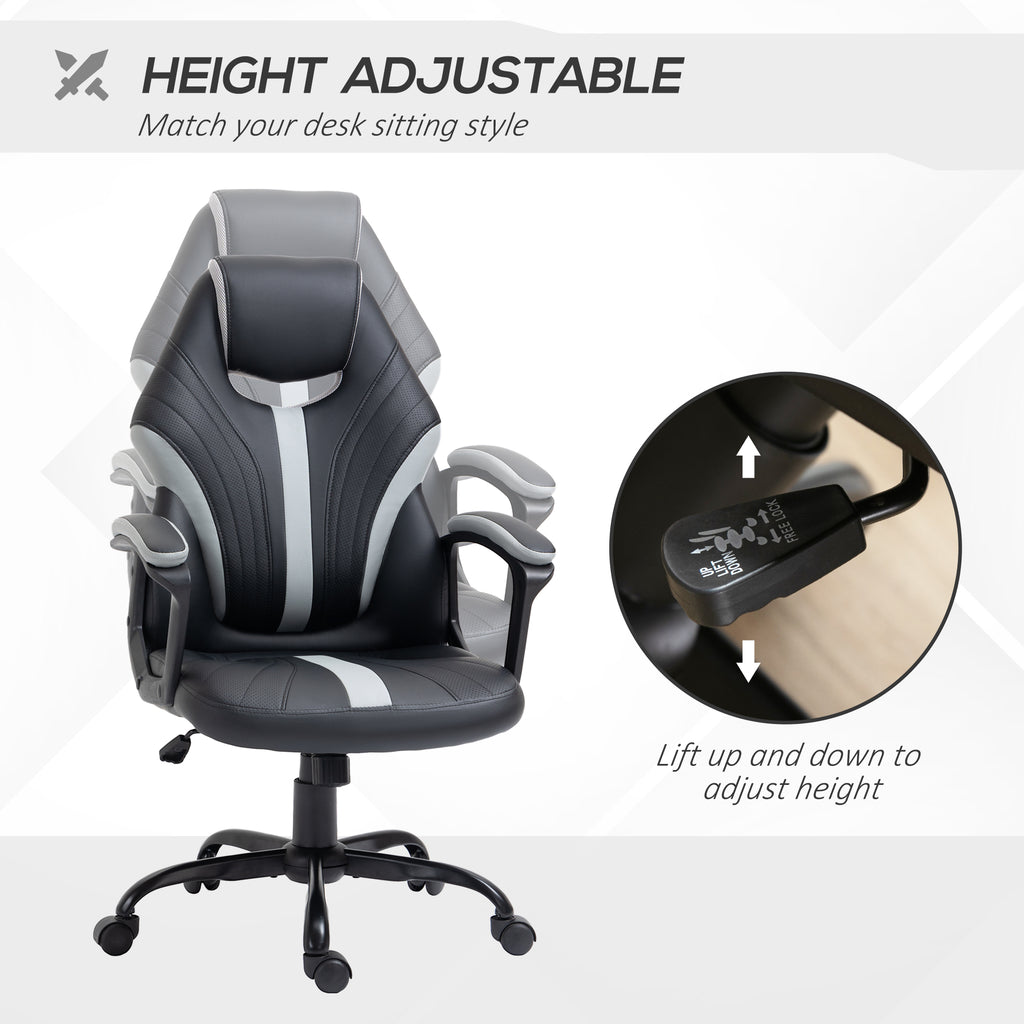 PU Leather Home Office Chair Racing Gaming Chair with Swivel Wheels Adjustable Height Padded Armrest Gray