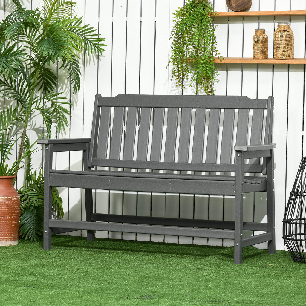 Outdoor Bench, Garden Bench with Backrest and Armrests, Plastic Patio Loveseat for Lawn, Yard, Balcony, Porch, Dark Gray