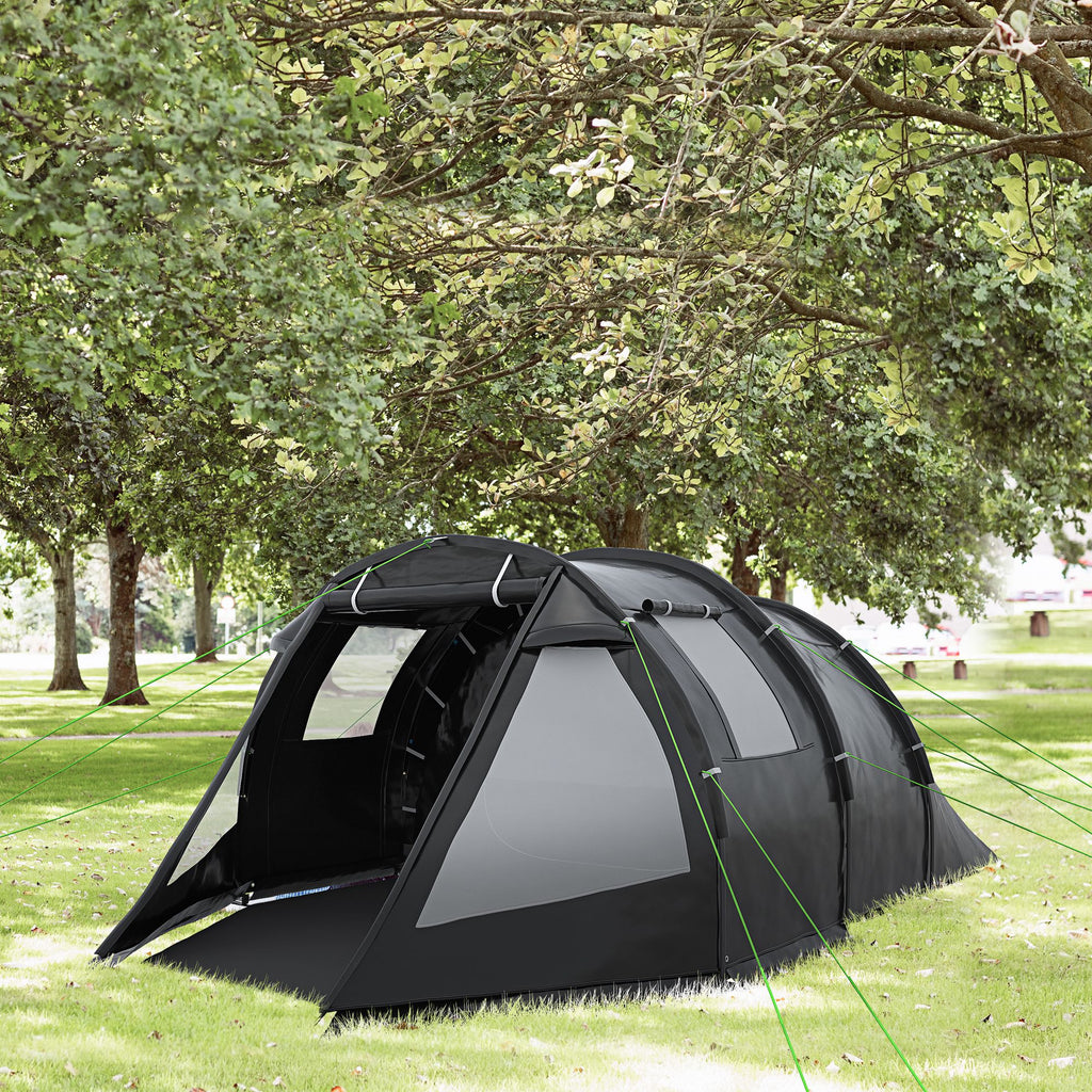 3-4 Person Camping Tent with 2 Rooms, Dome Tent with Windows, Carrying Bag, Waterproof, for Fishing, Hiking or Beach, Black