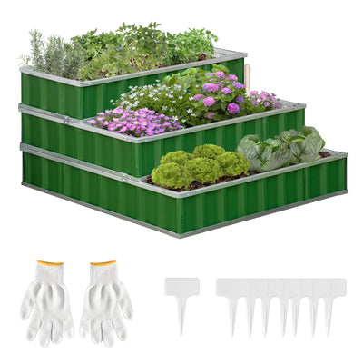 47''x47''x25'' 3 Tier Raised Garden Bed, Metal Elevated Planer Box Kit w/ A Pairs of Glove for Backyard, to Grow Vegetables, Herbs, Green