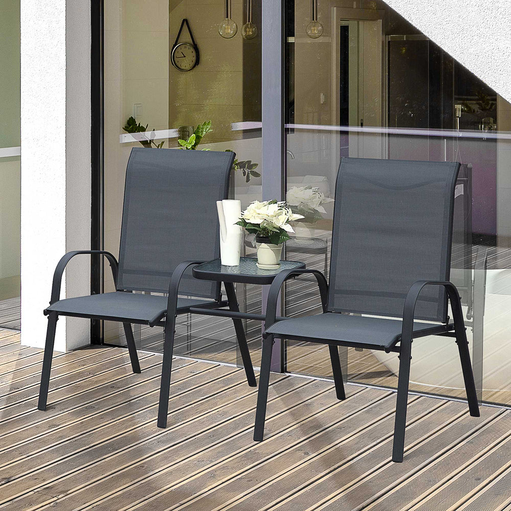 Bistro Set with Attached Middle Glass Coffee Table, Breathable Fabric Double Chairs for Outdoor, Balcony, Patio, Porch