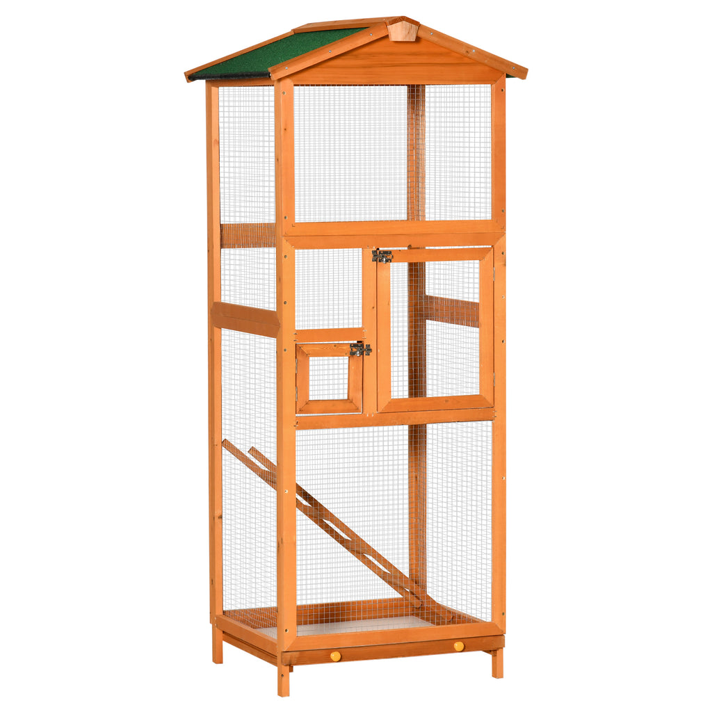 65" Wooden Bird Cages Outdoor Finches Aviary Birdcage with Pull Out Tray 2 Doors, Orange