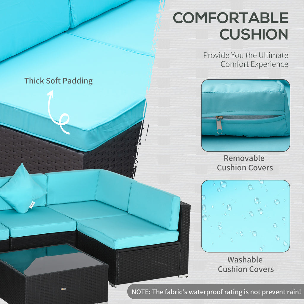 7-Piece Patio Furniture Sets Outdoor Wicker Conversation Sets PE Rattan Sectional sofa set with Cushions & Glass Desktop, Turquoise