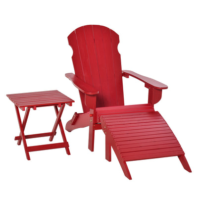 3 Piece Patio Furniture Set Adirondack Chair with Ottoman and Table Folding Design Outdoor Wooden Lounger for Garden, Patio Porch, Red
