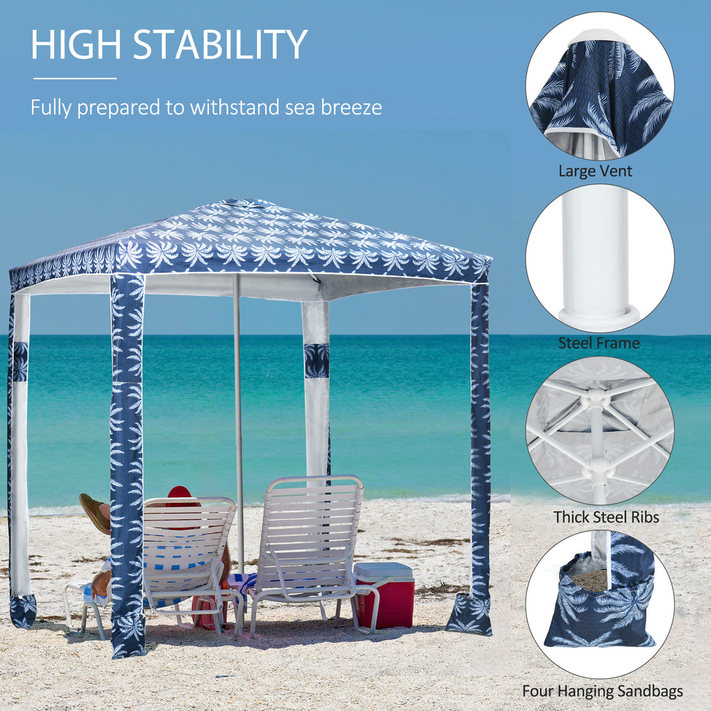 Quick Beach Cabana Canopy Umbrella, 8' Easy-Assembly Sun-Shade Shelter with Sandbags and Carry Bag, Cool UV50+ Fits Kids & Family, Blue Coconut Palm