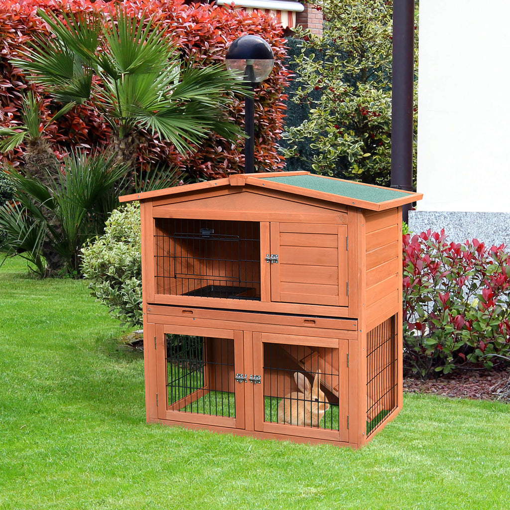 40" Wooden Rabbit Hutch Bunny Cage Small Animal House with No Leak Tray, Ramp, Weatherproof Roof for Outdoor
