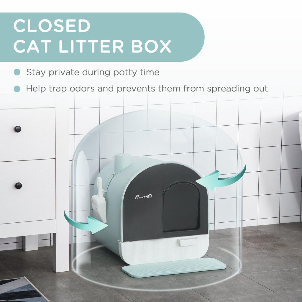 Cat Litter Box with Lid, Covered Litter Box for Indoor Cats with Tray, Scoop, Filter, 17" x 17" x 18.5", Green
