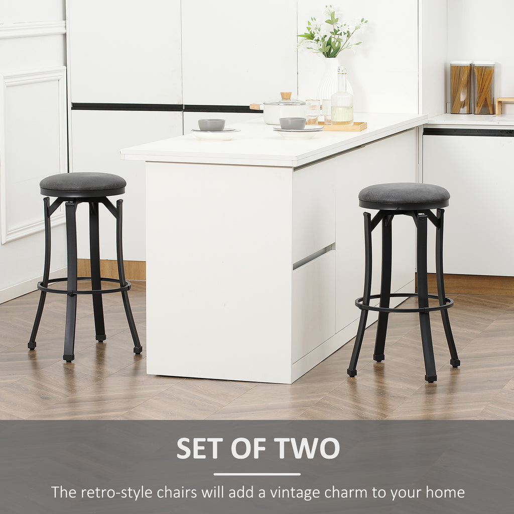 Bar Stools Set of 2, Vintage Barstools with Footrest, Microfiber Cloth Bar Chairs 29" Seat Height with Powder-coated Steel Legs, Dark Grey