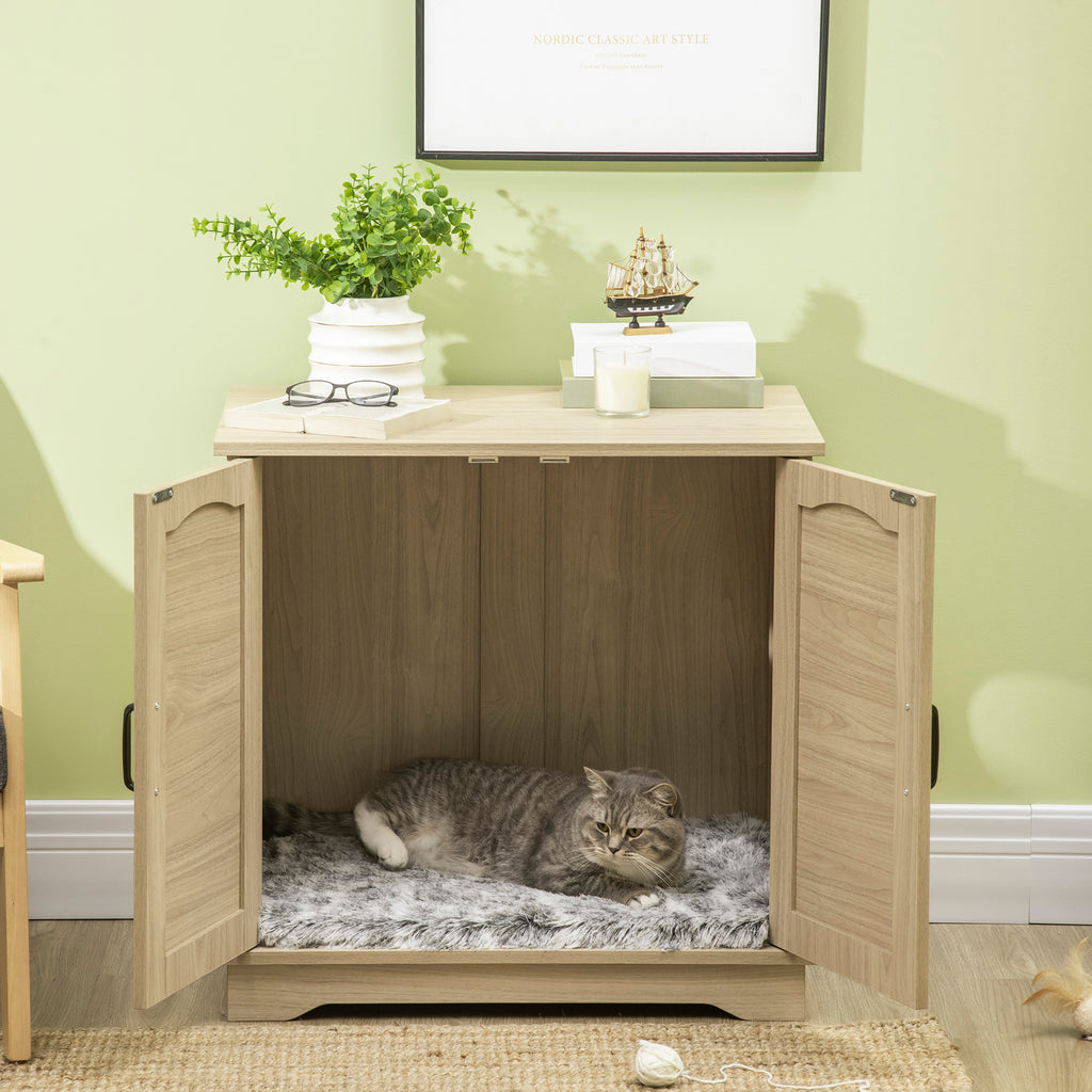 Hidden Litter Box Enclosure Cat Washroom Furniture with Cushion Double Doors Wooden Pet House End Table, Oak