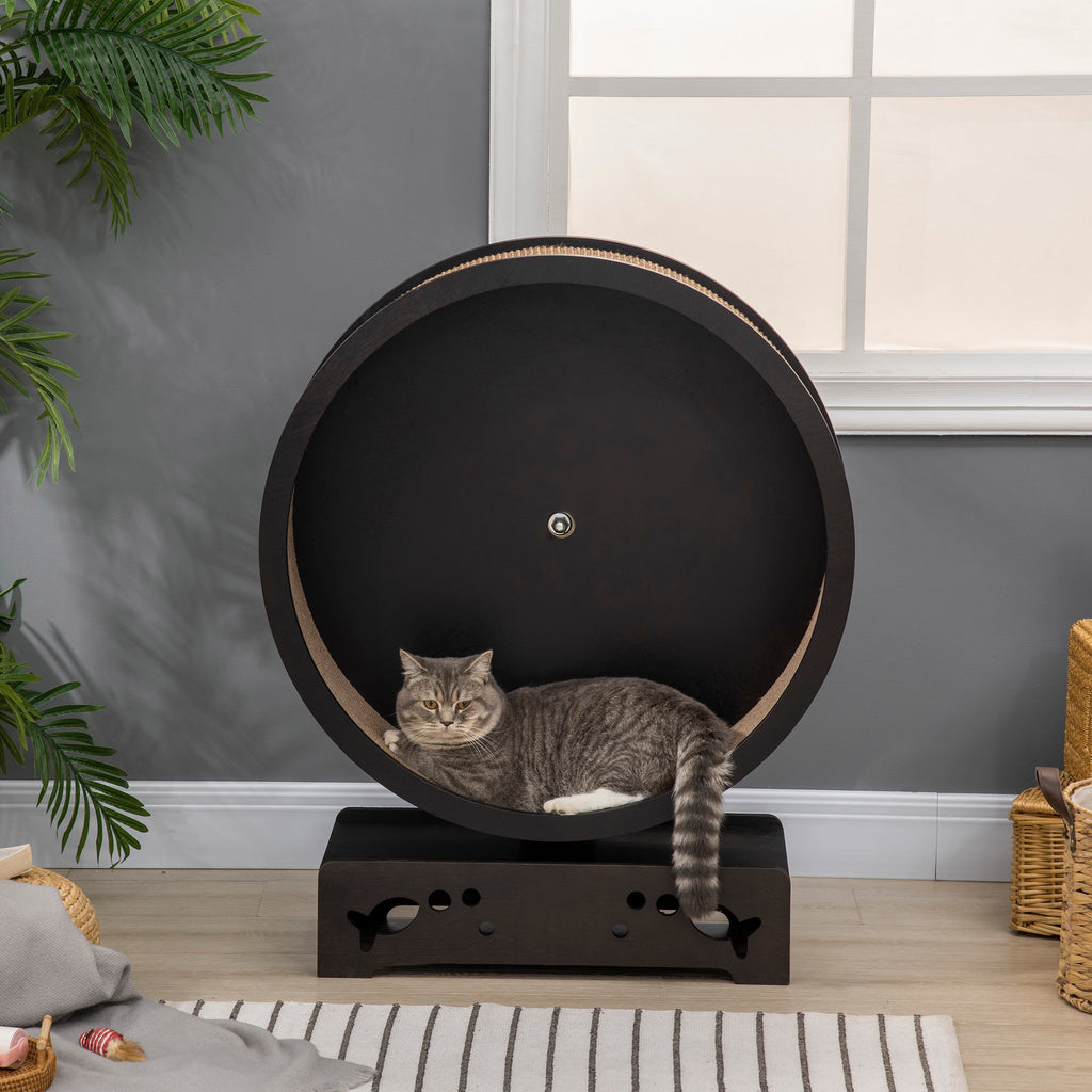 Round Hamster-Wheel Style Cat Tree with Carpet Runway, Wooden Sisal-Covered Cat Tower Condo with Unique Design Brown