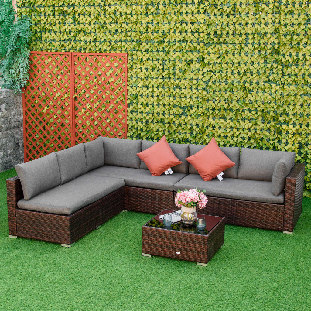 4 Pieces Patio PE Rattan Wicker Sofa Set, Outdoor All Weather 6 Seater Conservatory Furniture, w/ Tempered Glass Coffee Table & Cushions
