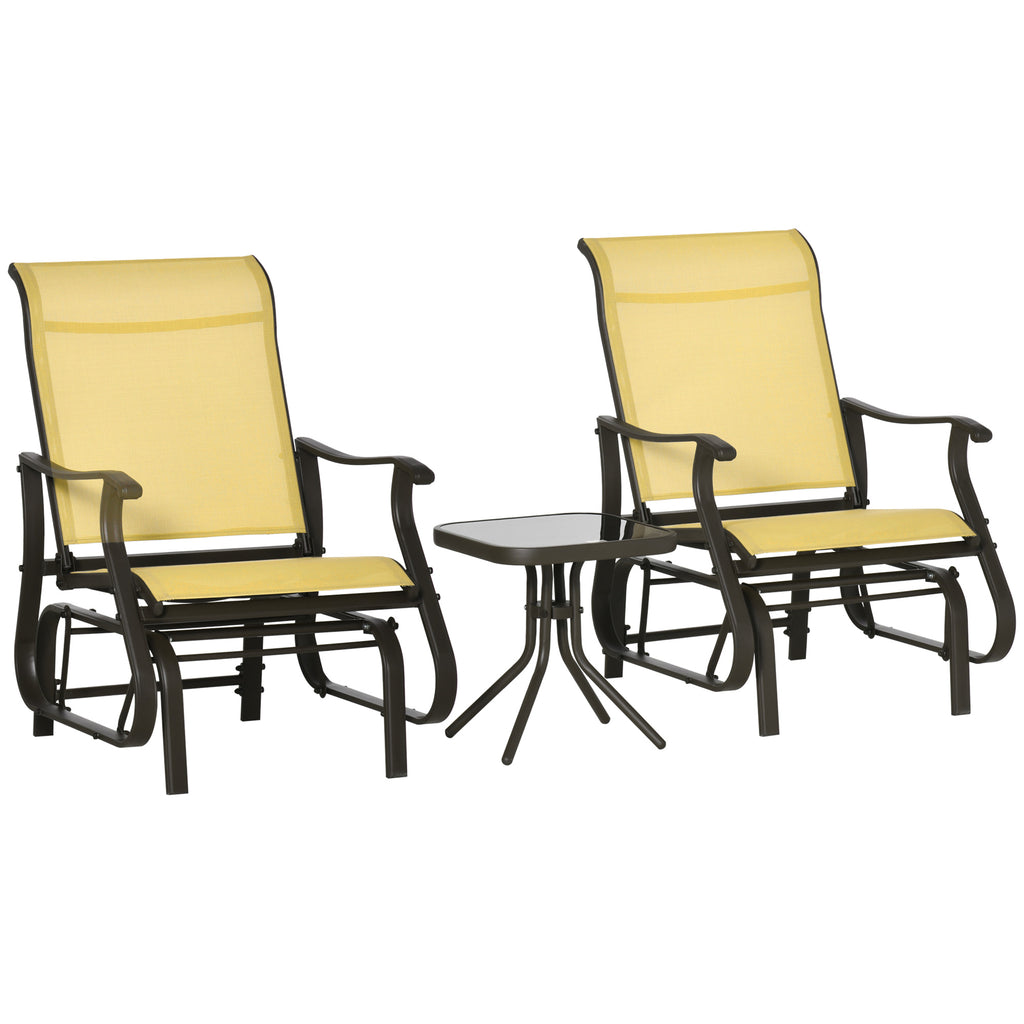 3-Piece Gliding Chair & Tea Table Set, Outdoor 2 Rocker Seats with Steel Frame, Tempered Glass Tabletop, Garden Patio Furniture, Beige