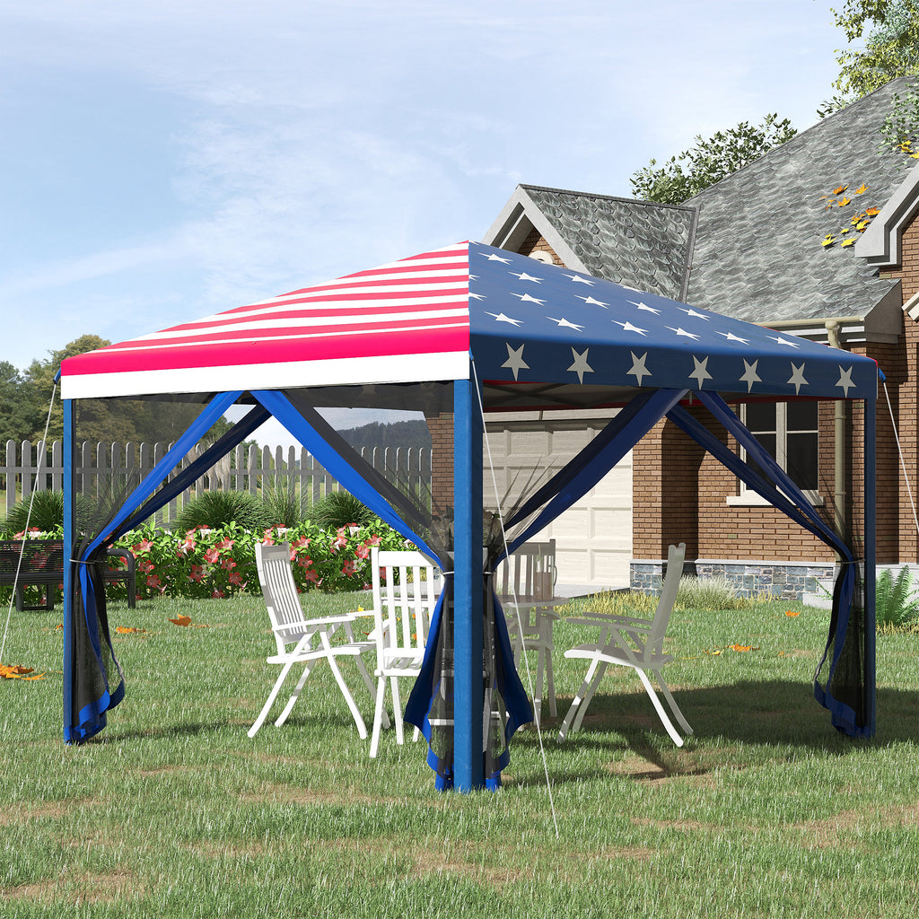 10' x 10' Heavy Duty Pop Up Canopy with Removable Mesh Sidewall Netting, Easy Setup Design, Party Event with Storage Bag, American Flag
