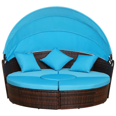 4-piece Cushioned Outdoor Rattan Wicker Round Sunbed or Conversational Sofa Set with Sun Canopy for Lawn Garden Backyard Poolside, Blue