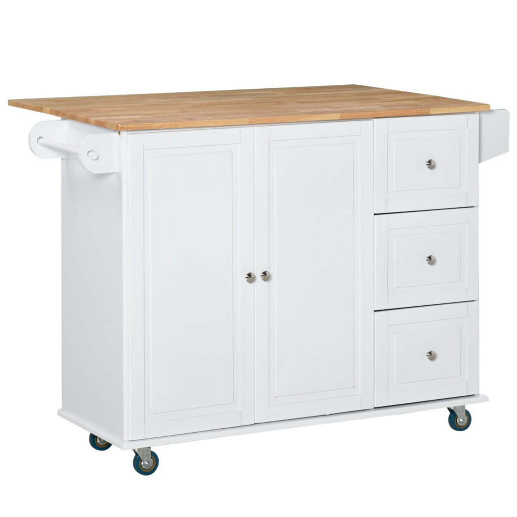 Mobile Kitchen Island Storage Trolley Cart on Wheels with Dropleaf Top, Towel/Spice Rack, 3 Drawers, 2-Door Cabinet, White