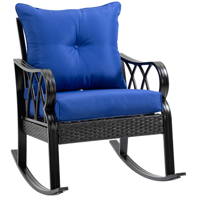 Rattan Wicker Rocking Chair with Padded Cushions, Aluminum Frame, Armrest for Garden, Patio, and Backyard, Blue