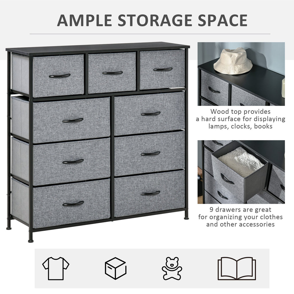 9 Drawers Storage Chest Dresser Organizer Unit w/ Steel Frame, Wood Top, Easy Pull Fabric Bins, for Hallway, Closet, Entryway, Black & Grey